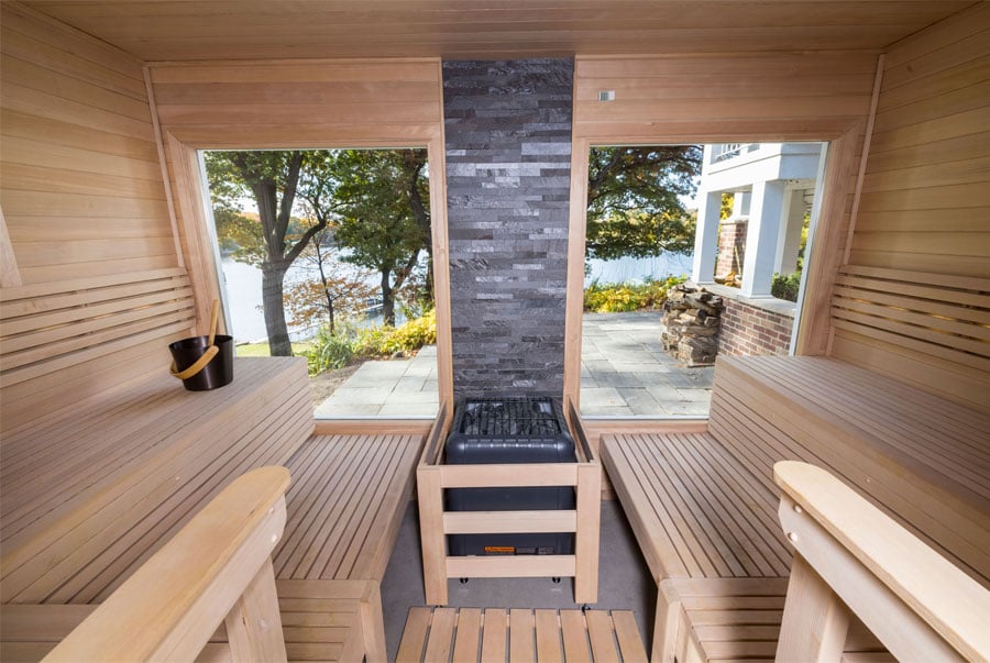 outdoor sauna with windows